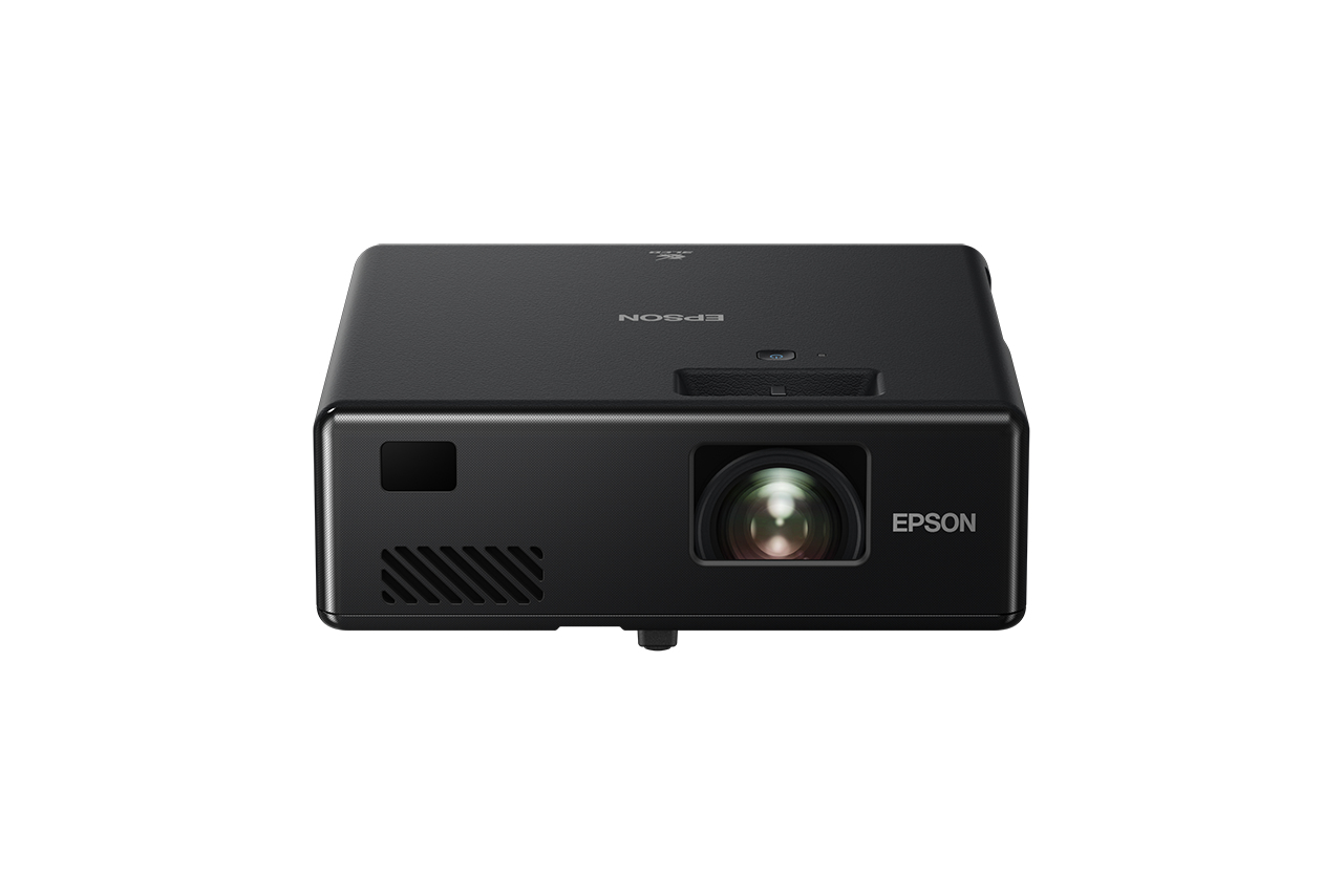 JFM Technology Front view of a black epson projector with a central lens and vented side panel ready for presentation use in a room setting No context implied just device