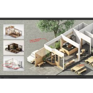 3D architectural concept on a monitor showing modular outdoor workspace with white framed pavilions furniture and surrounding tree Left side inset interior views explain design