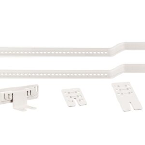 JFM Technology External skeletal fixation kit components two long perforated bars and three connecting plates on a white background