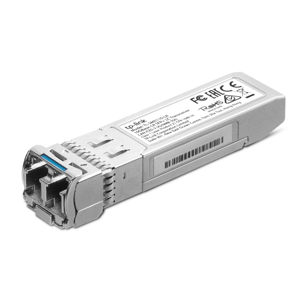 JFM Technology Silver sfp transceiver module for network connections with label and barcode shown at an angle