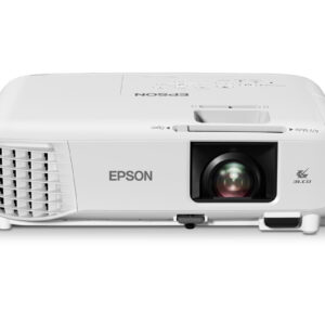 JFM Technology Front view of a white Epson projector with a large lens on the right ventilation grille on the left and a compact home theater design
