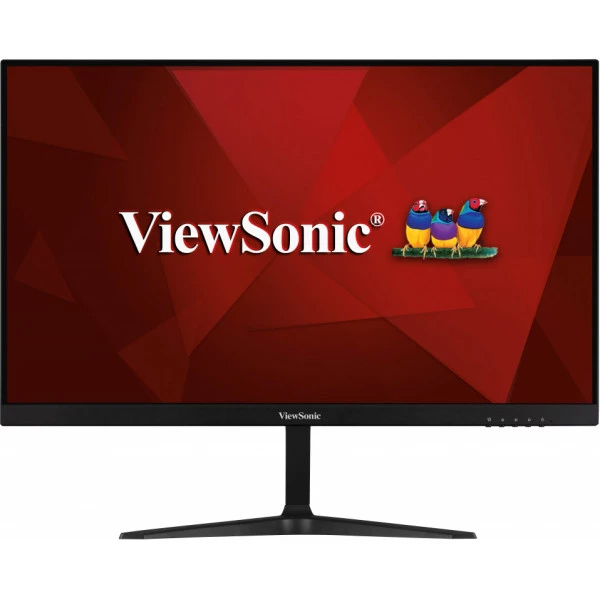 JFM Technology ViewSonic computer monitor on a black stand with a red geometric wallpaper and logo on screen