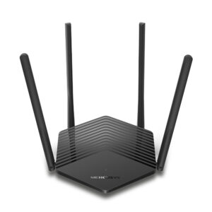 Mercusys wireless router with four tall external antennas and a black hexagonal body front LED indicator glowing green
