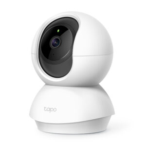 White spherical indoor security camera on a white stand facing slightly left Tapo brand