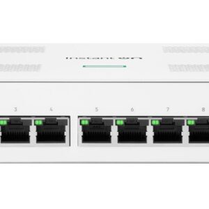 Eight port PoE network switch Instant On Switch Series 1830 with ports 18 and green status LEDs on each port side panel