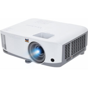 JFM Technology White ViewSonic projector with blue lit lens facing forward designed for home or classroom projection