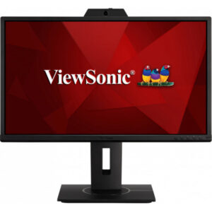 JFM Technology ViewSonic computer monitor on a black stand displaying a red geometric wallpaper with two colorful parrots on the screens right side or logo area