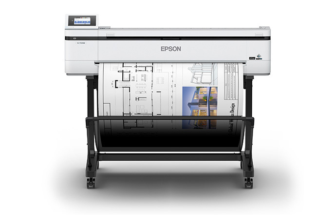 JFM Technology Epson large format printer on a stand printing architectural blueprints on roll paper