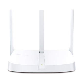 JFM Technology White wifi router with two tall external antennas and a small led indicator on the front edge