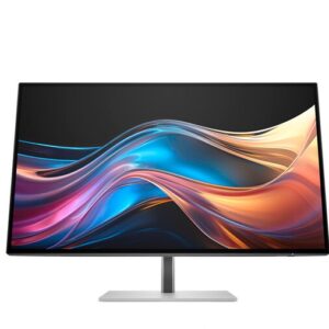 JFM Technology Widescreen monitor with slim bezel on a silver stand displaying colorful abstract waves on screen