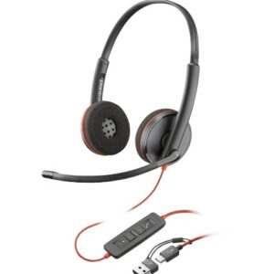 Over ear gaming headset with adjustable microphone and inline control module connected to usb black with red accents
