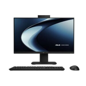 All in one computer setup with a widescreen monitor keyboard and mouse on a white background