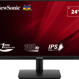 ViewSonic 24 inch monitor on a stand with a red abstract background and logos for 1ms response time 100 Hz and IPS SuperClear