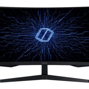Samsung curved computer monitor showing a blue neon circuit pattern on the screen with the brand logo along the bottom bezel