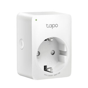 White Tapo wall plug adapter with a circular European style socket and a small green power indicator on the front
