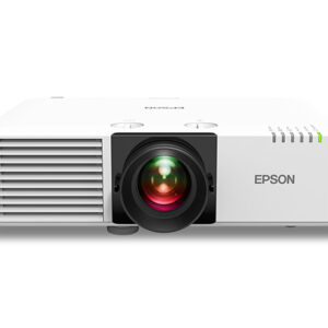 JFM Technology Front view of a white epson projector with a large central lens and vented left side panel on a white background