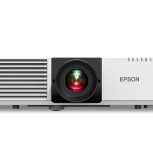 Front view of a white epson projector with a large central lens and cooling vents on the left side against a white background