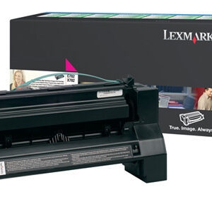 Lexmark toner cartridge placed in front of its black packaging box