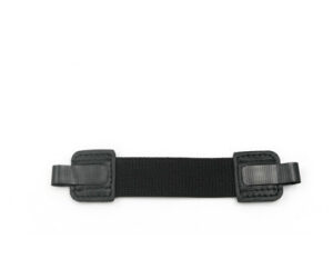 Black elastic strap with padded Velcro ends on a white background likely a securing strap or brace component