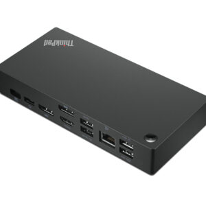 JFM Technology Black ThinkPad docking station with multiple ports HDMI USB Ethernet along the front edge top view