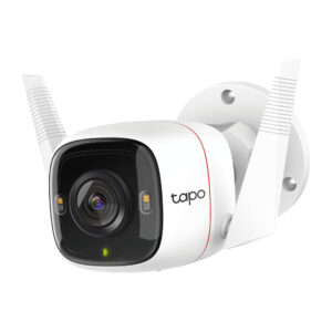 JFM Technology White Tapo security camera with black lens and dual mounting arms ready for wall installation