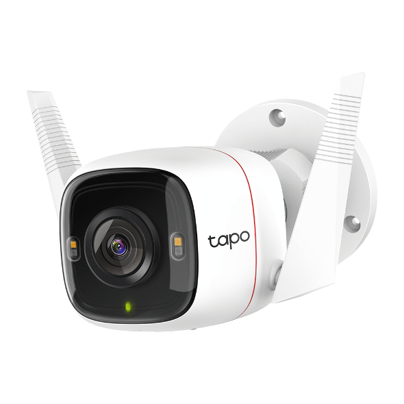 JFM Technology White tapo security camera with black lens and dual mounting arms ready for wall installation