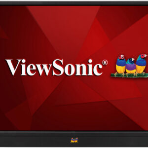 Monitor displaying a red geometric wallpaper with the viewsonic logo and three colorful birds on a branch