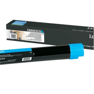 Lexmark toner cartridge and its packaging black cartridge with a blue cap beside a labeled box model C950X2CG