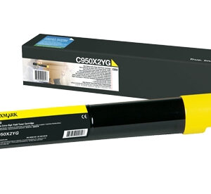 Yellow Lexmark toner cartridge model C950X2YG with its yellow end cap shown alongside the packaging box Intended for a Lexmark color laser printer