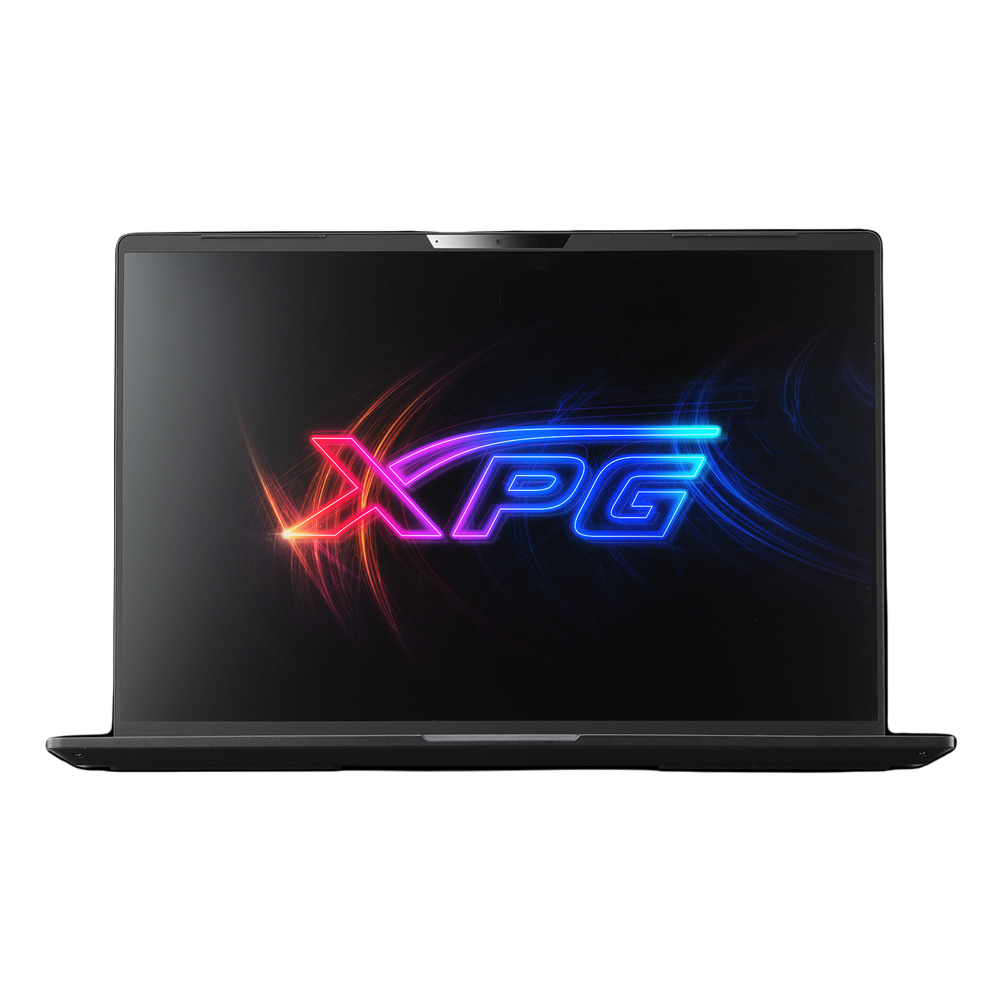JFM Technology Laptop with a black screen displaying a neon pink and blue XPG logo on the display area