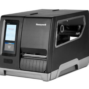 Front left view of a Honeywell PM45 industrial label printer with a touchscreen and label output slot