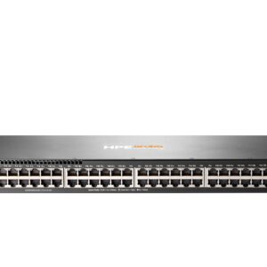 Hpe network switch front panel with many rj 45 ethernet ports and status leds visible along the bottom edge