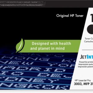 JFM Technology HP LaserJet toner box for 145A black cartridge featuring HP logo and green Designed with health and planet in mind banner