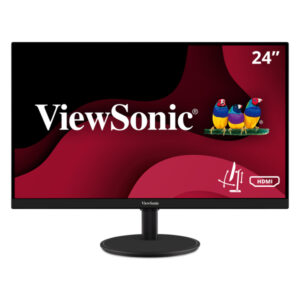 JFM Technology ViewSonic 24 inch computer monitor on a black circular stand displaying a red abstract wallpaper with the ViewSonic logo