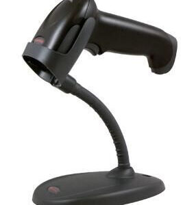 Barcode scanner on a flexible stand at a checkout counter ready to scan items for POS Readable and concise for accessibility