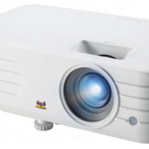 White multimedia projector with blue tinted lens for projecting presentations onto a screen