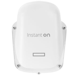 Close up of a white device marked Instant On with a rectangular status indicator on its front