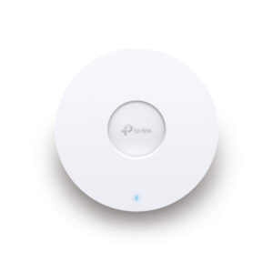 JFM Technology White circular TP Link wireless access point with a small blue status light on a white background