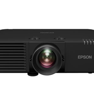 Front view of a black epson projector with a large central lens and left side ventilation slats