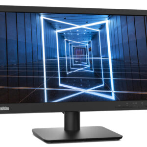 ThinkVision monitor showing a neon blue tunnel on screen with a black stand and base visible in white background