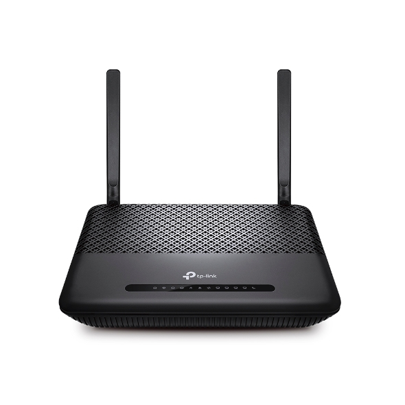 JFM Technology WiFi router with two external antennas and LED status lights on the front panel facing forward on a white background