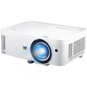White multimedia projector with a blue tinted front lens and side ventilation grills on white background facing slightly to the left