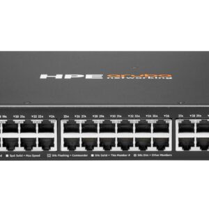 Front view of an hpe aruba networking switch with 48 ethernet ports and two uplink sfp ports Poe capable status leds along the port row black metal chassis with yellow poe labels