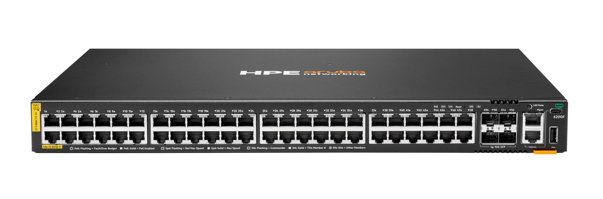 JFM Technology Front view of an hpe aruba networking switch with 48 ethernet ports and two uplink sfp ports Poe capable status leds along the port row black metal chassis with yellow poe labels