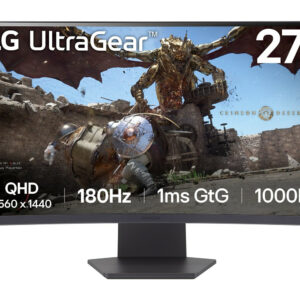 JFM Technology LG UltraGear 27 inch monitor showing an action game on screen specs read QHD 2560x1440 180Hz 1ms GTG 1000R