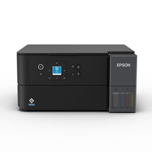 Black Epson inkjet printer on a white background with color ink cartridges visible on the right side