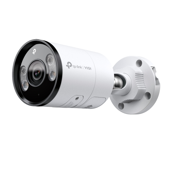 JFM Technology White bullet style security camera with a black front lens ring and multiple leds mounted on a circular bracket tp link vigi