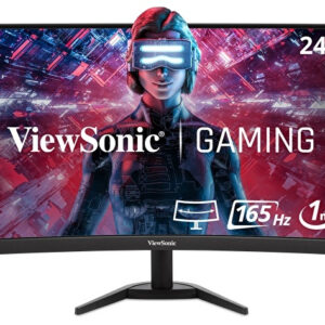 JFM Technology 24 inch ViewSonic gaming monitor on a stand displaying a neon gaming scene with the words ViewSonic GAMING and specs 165 Hz 1 ms