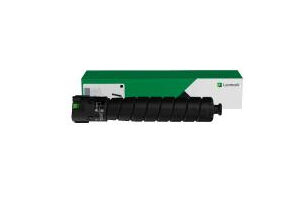 Laser printer toner cartridge with drum in front of a green and white box package