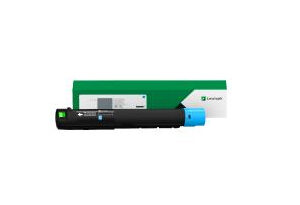 JFM Technology Black toner cartridge with a blue end cap resting on top of green packaging on a white background showing its color accents and box